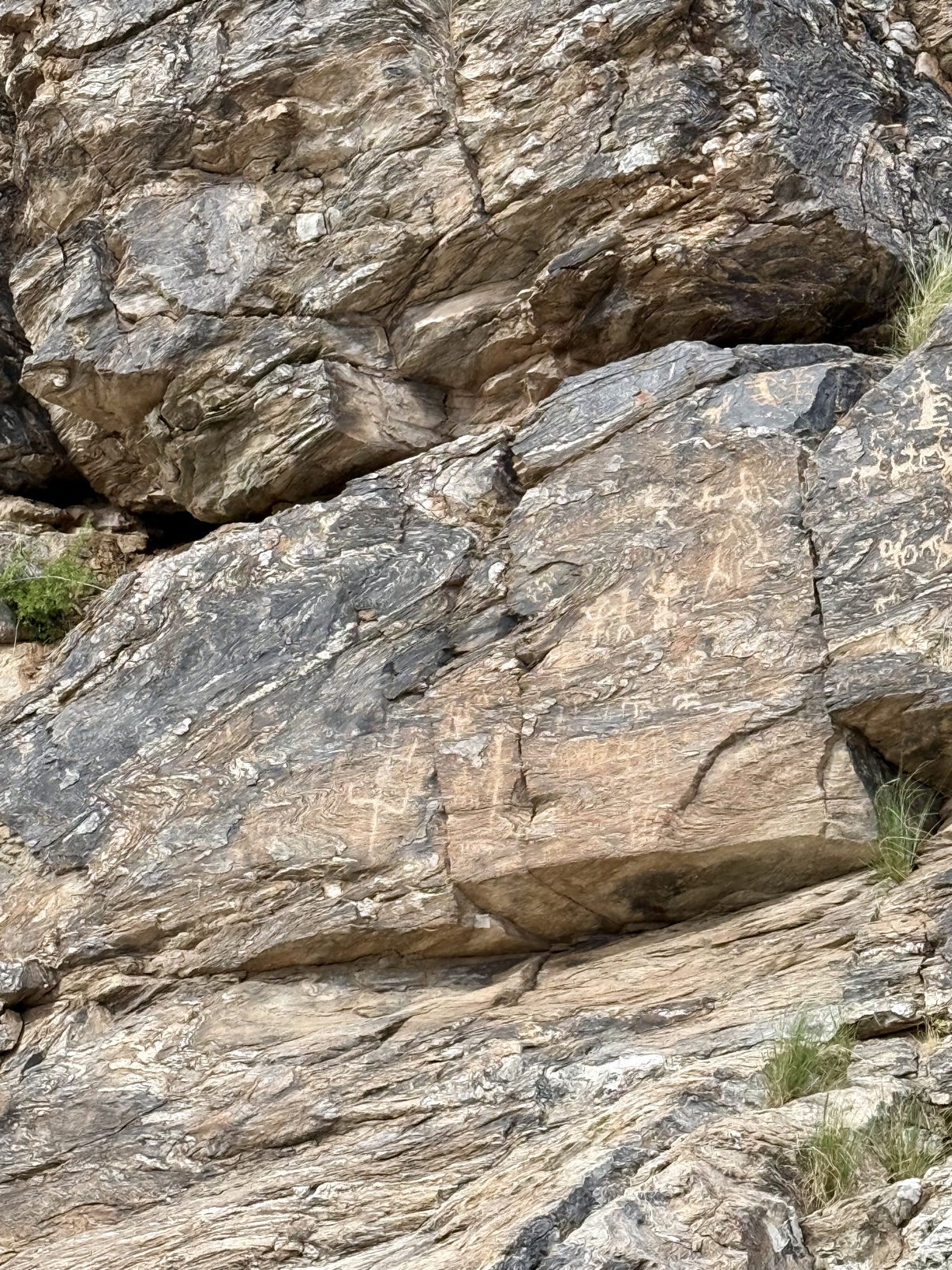 Ancient petroglyphs carved into a desert rock face